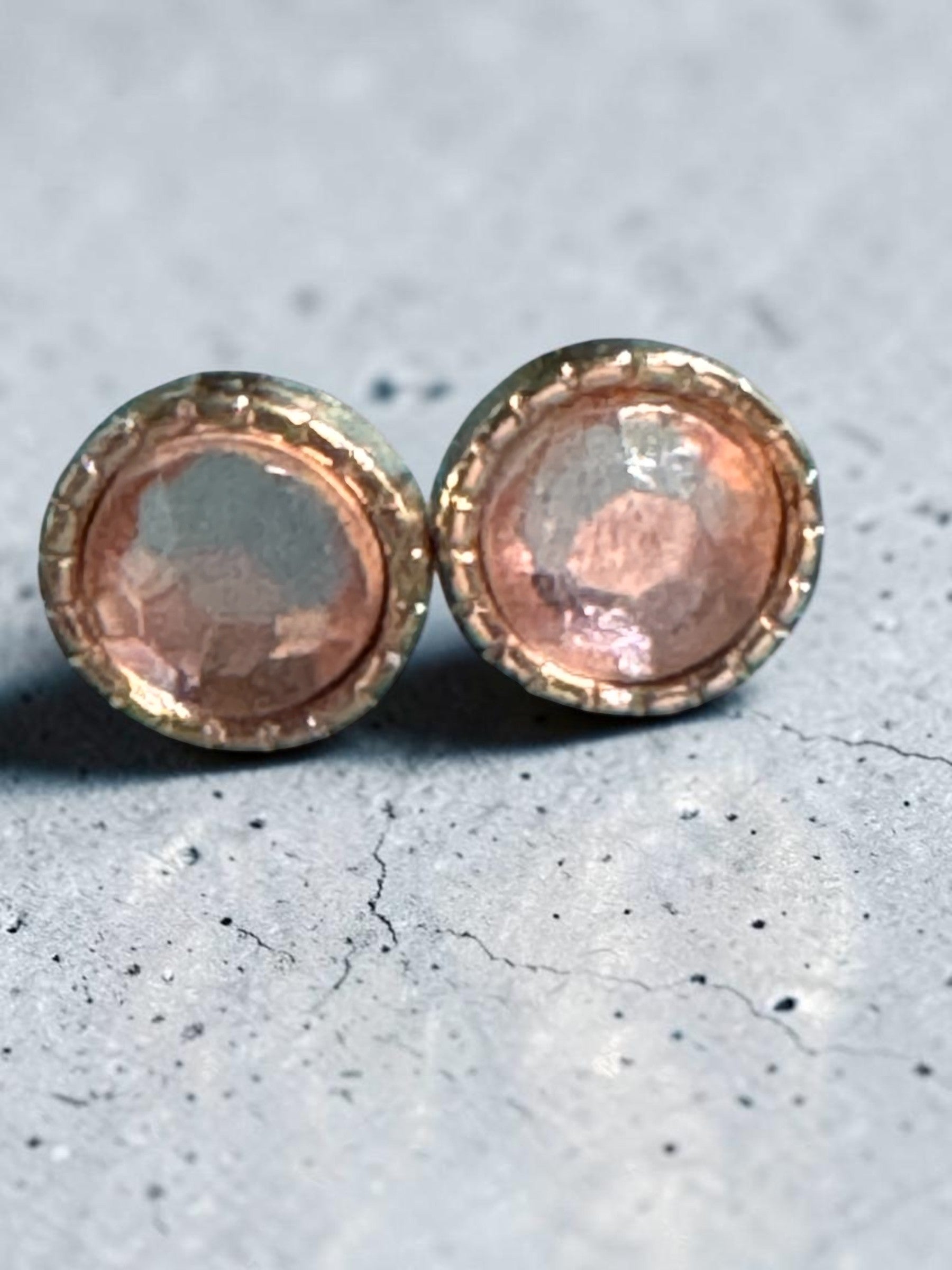 Rose Gold-Tone Stud Earrings With Faceted Center Stone & Textured Rim Elegant Design