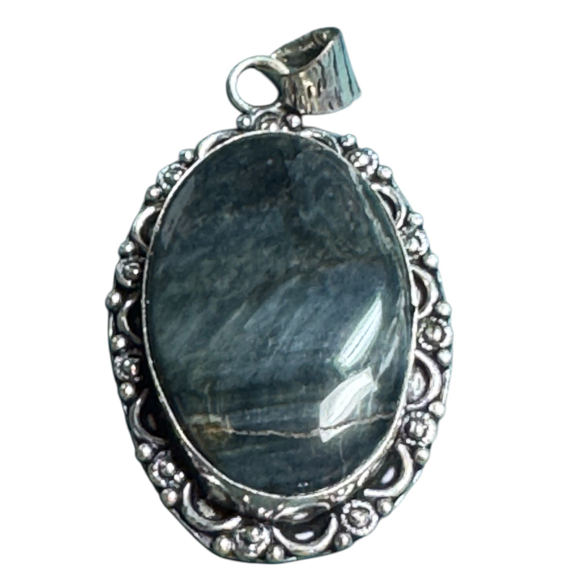 Sterling Silver 925 Oval Pendant Blue Gray Natural Stone Sodalite Jasper Ornate Vintage Style