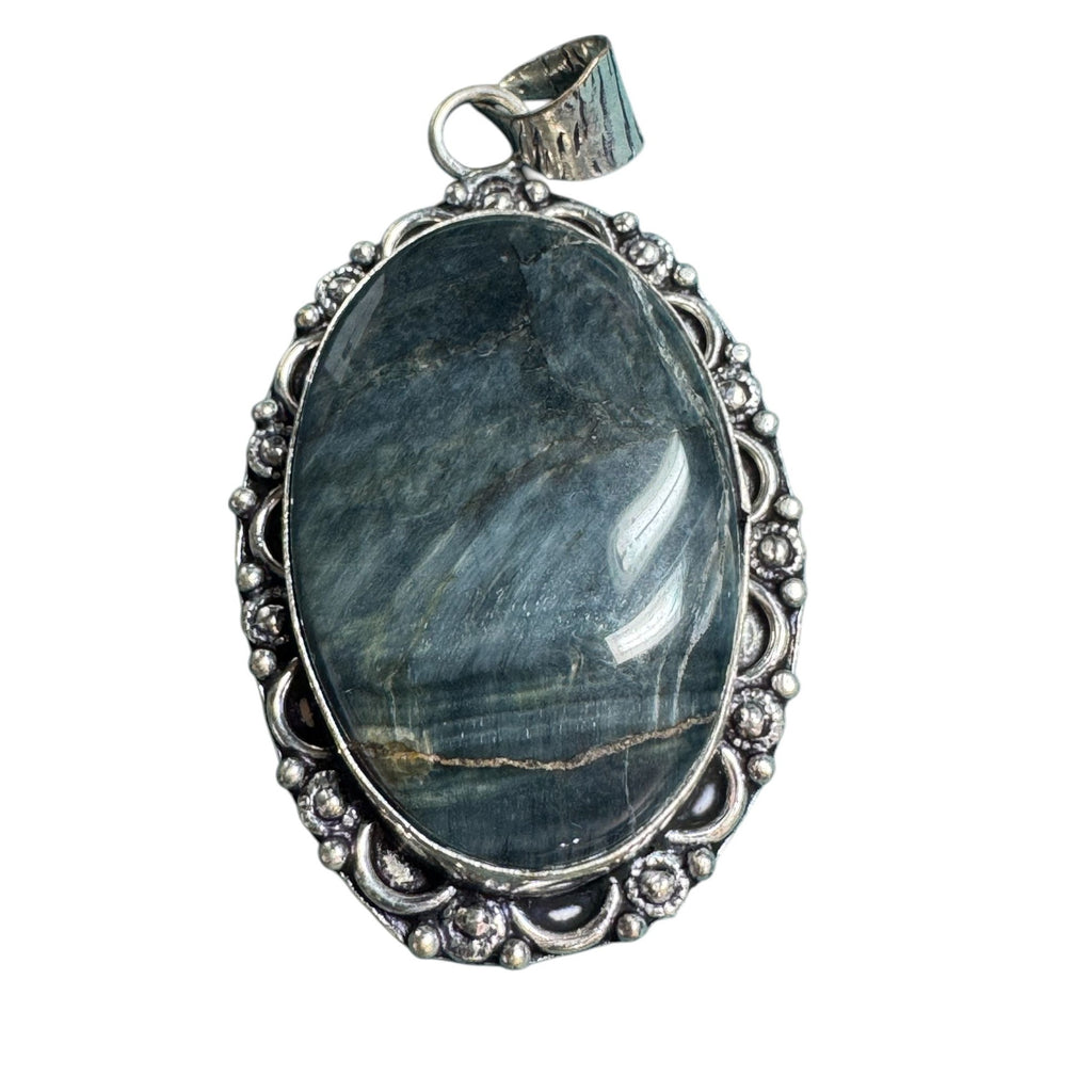 Sterling Silver 925 Oval Pendant Blue Gray Natural Stone Sodalite Jasper Ornate Vintage Style