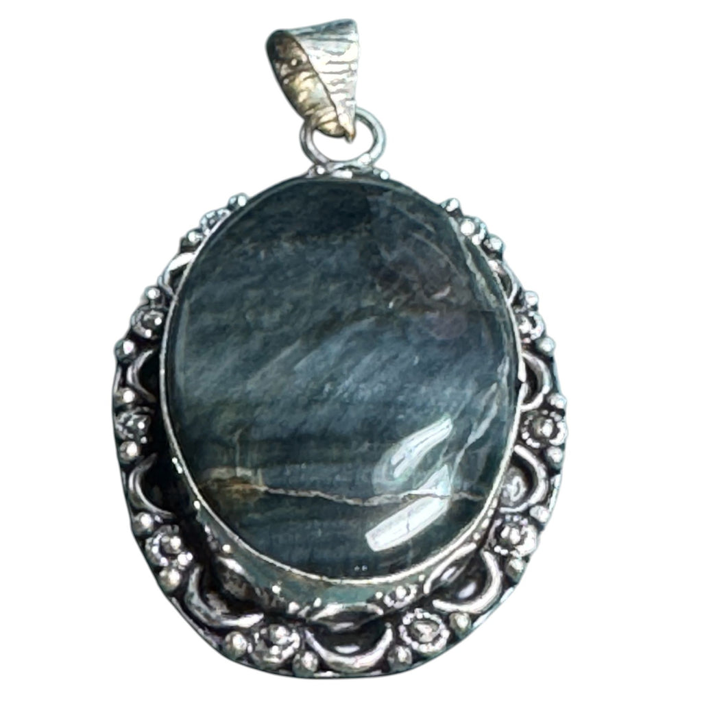 Sterling Silver 925 Oval Pendant Blue Gray Natural Stone Sodalite Jasper Ornate Vintage Style