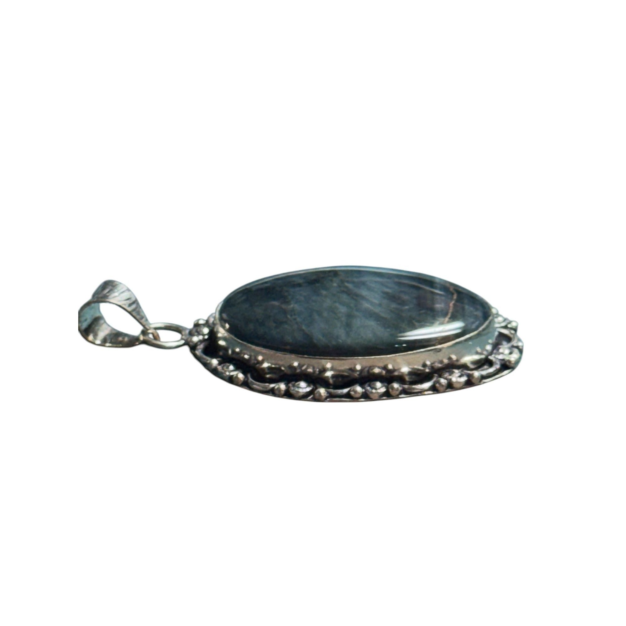 Sterling Silver 925 Oval Pendant Blue Gray Natural Stone Sodalite Jasper Ornate Vintage Style