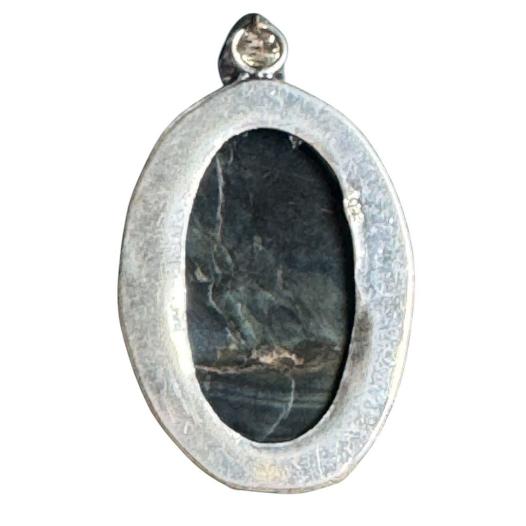 Sterling Silver 925 Oval Pendant Blue Gray Natural Stone Sodalite Jasper Ornate Vintage Style