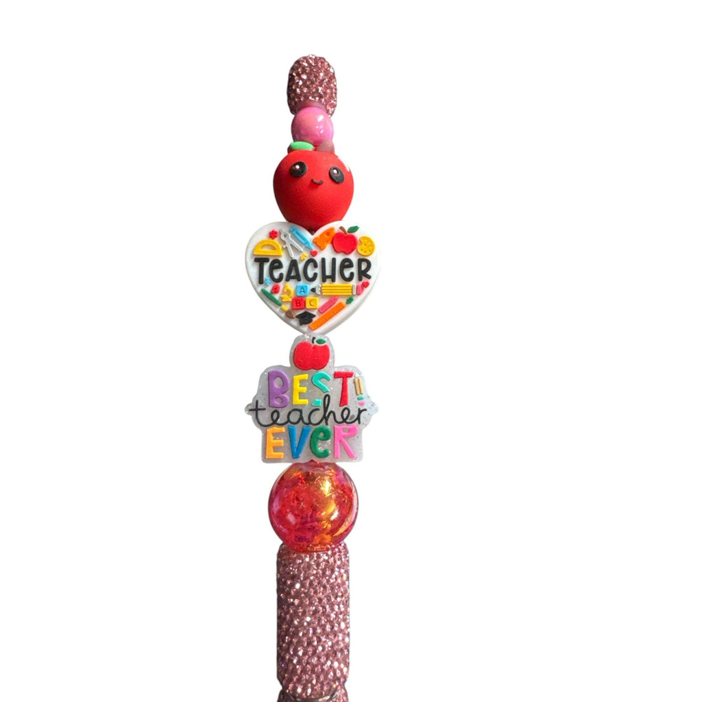 Best Teacher Ever Beaded Glitter Pen With Apple & Heart Charm Accents
