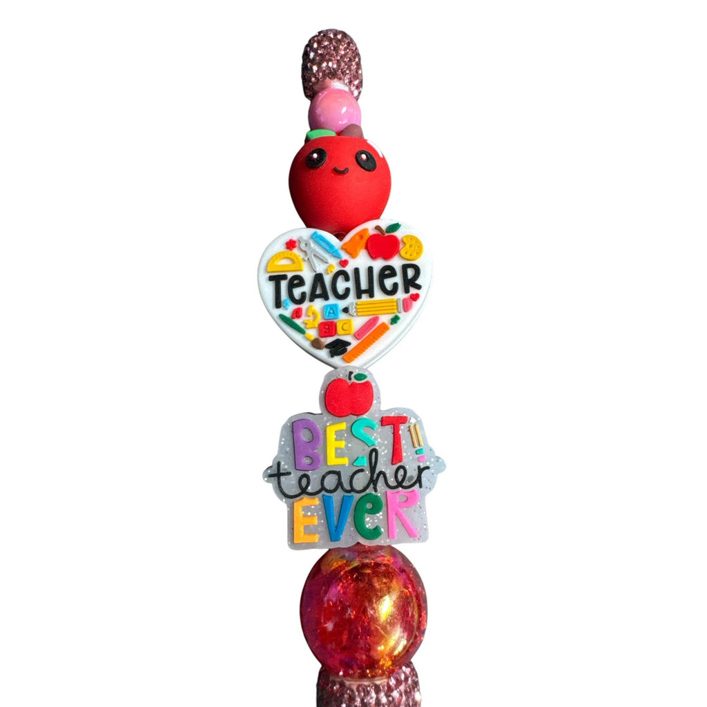 Best Teacher Ever Beaded Glitter Pen With Apple & Heart Charm Accents