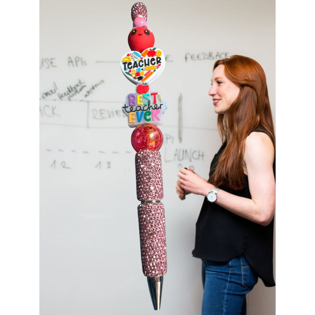 Best Teacher Ever Beaded Glitter Pen With Apple & Heart Charm Accents