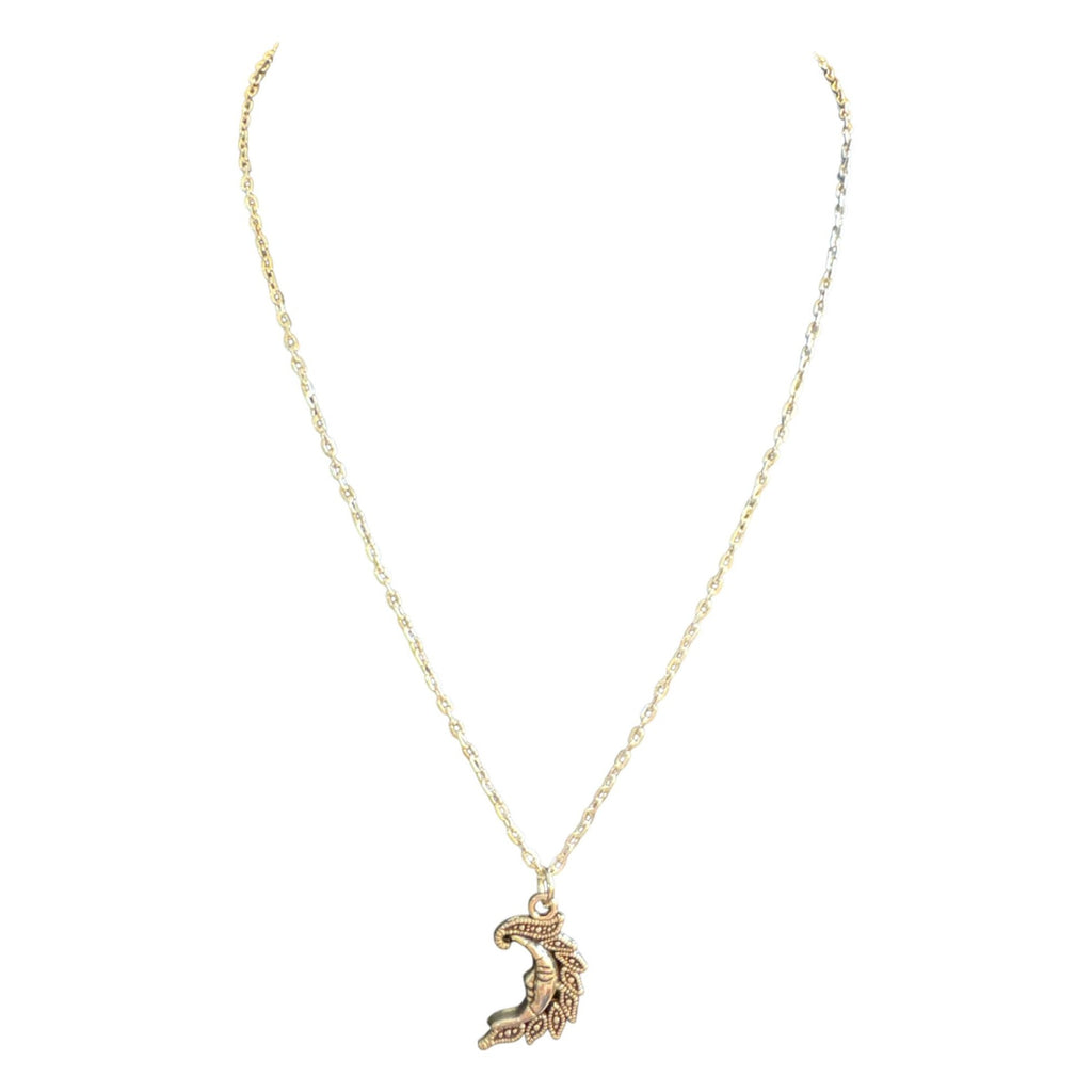 Moon Crescent Pendant Necklace With Intricate Design On Gold-Plated Chain Lobster Clasp Closure