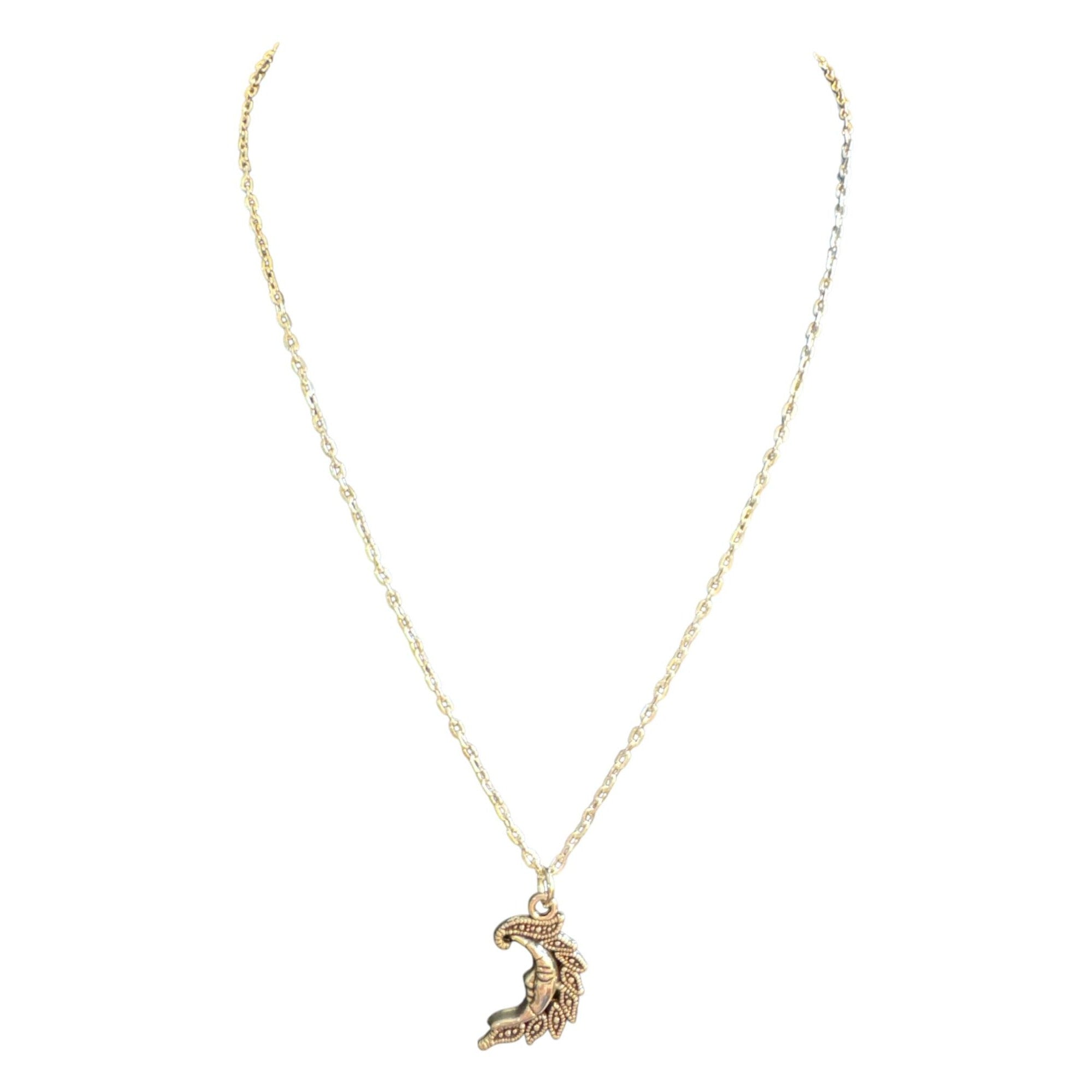 Moon Crescent Pendant Necklace With Intricate Design On Gold-Plated Chain Lobster Clasp Closure