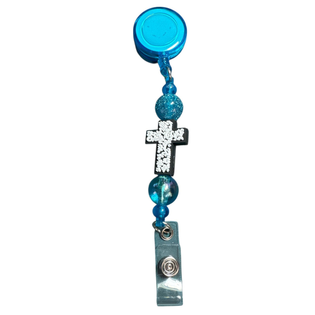 Blue Retractable Badge Holder With Cross Charm & Beaded Lanyard For ID Cards