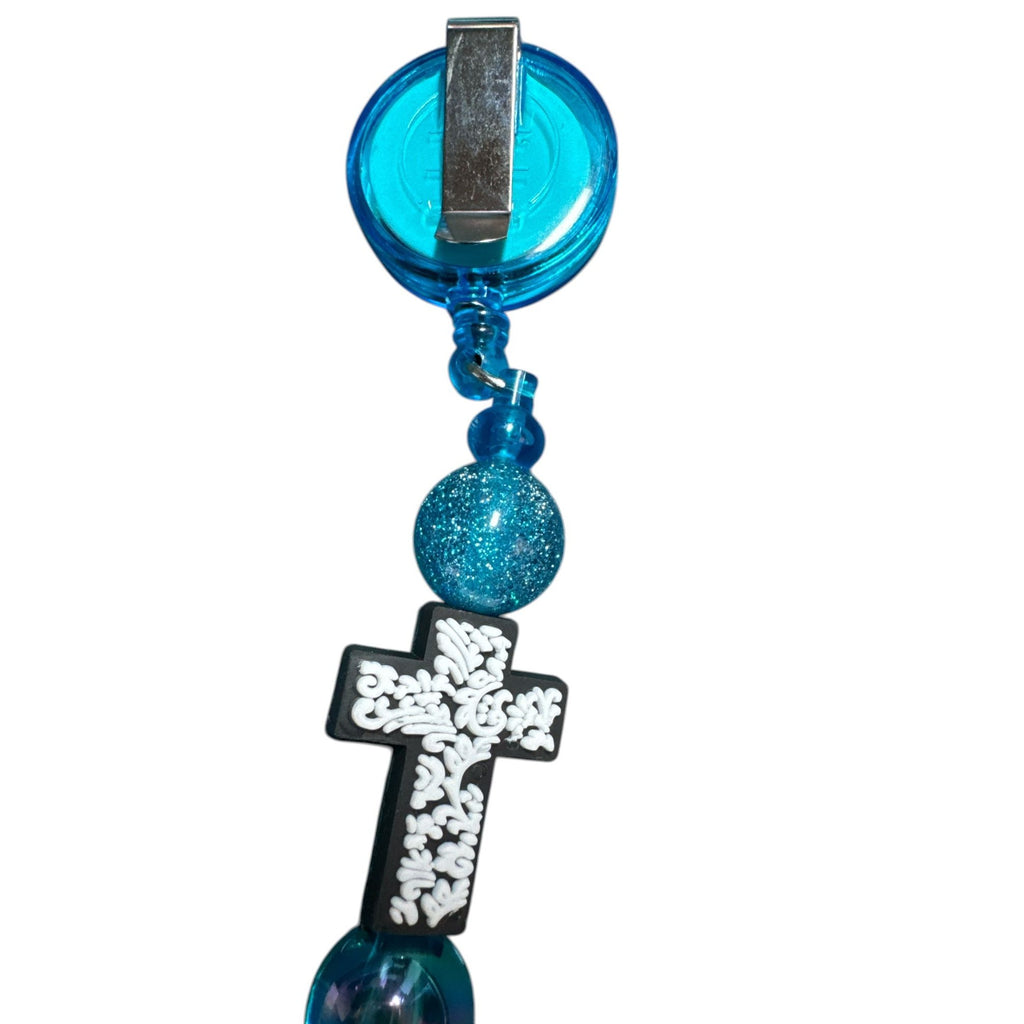 Blue Retractable Badge Holder With Cross Charm & Beaded Lanyard For ID Cards