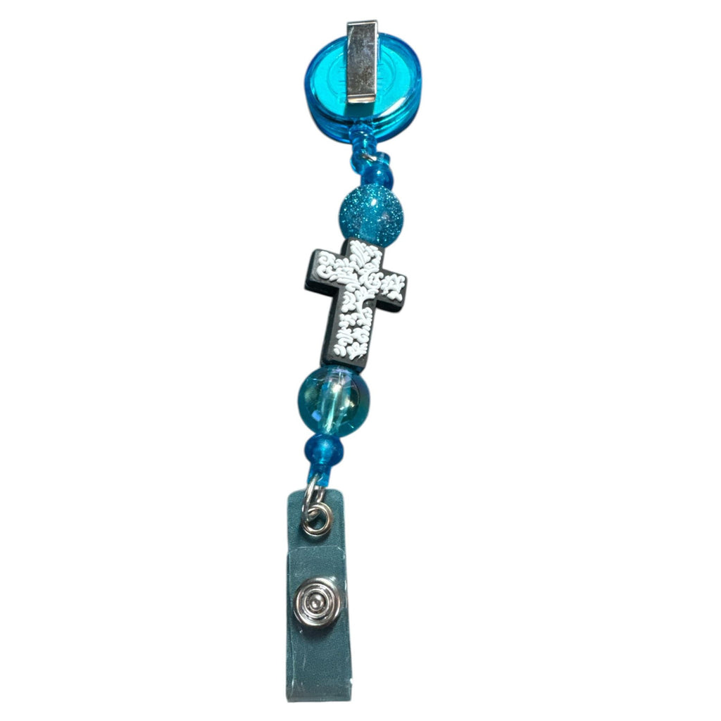 Blue Retractable Badge Holder With Cross Charm & Beaded Lanyard For ID Cards