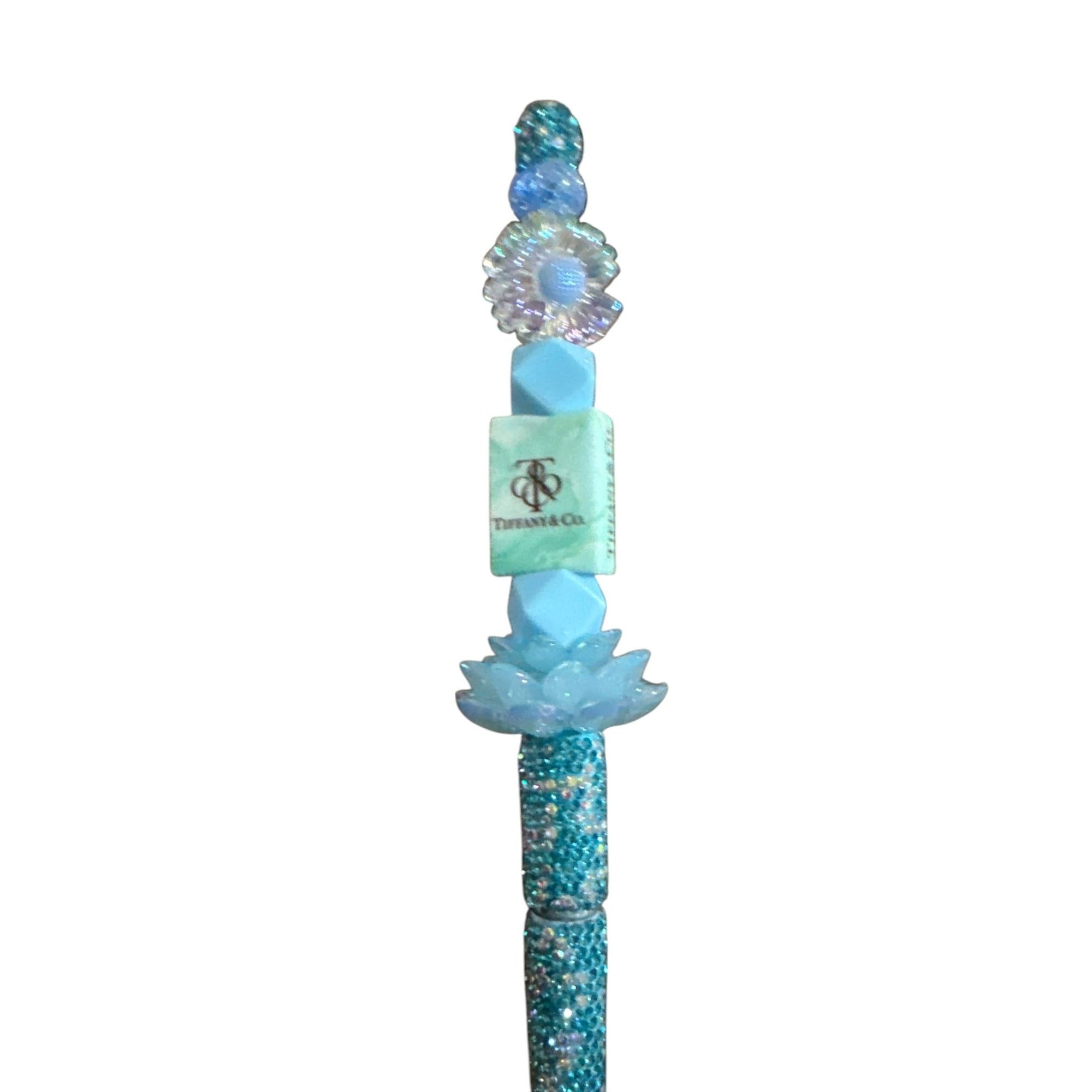 Luxury Decorative Pen with Blue Crystal Accents & Lotus Design