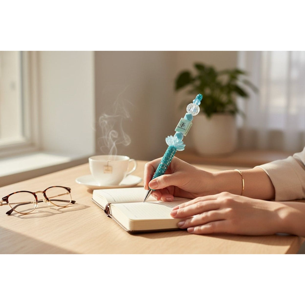 Luxury Decorative Pen with Blue Crystal Accents & Lotus Design