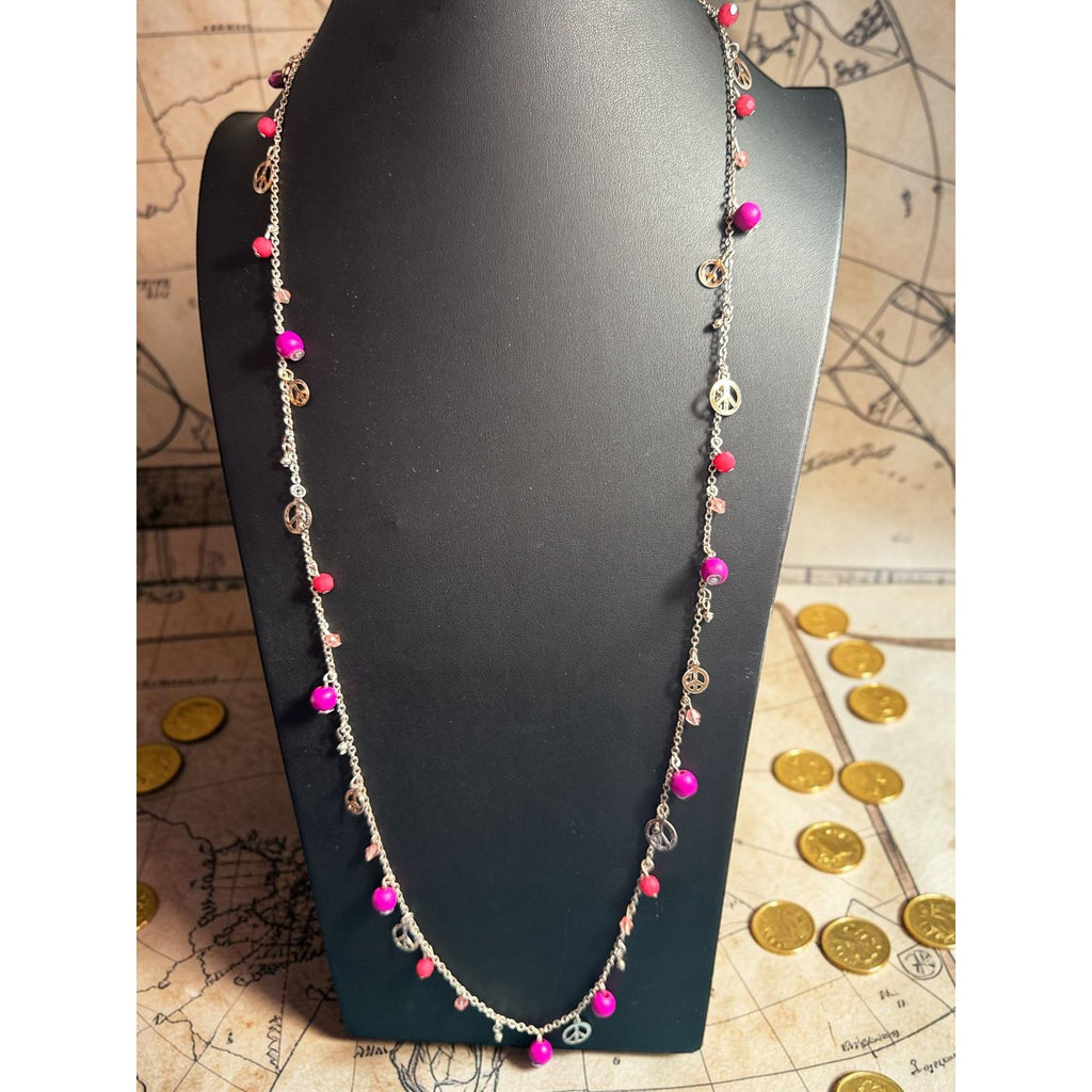 Peace Charm Necklace With Pink & Red Beads Silver Chain Lobster Clasp 32-Inch Length