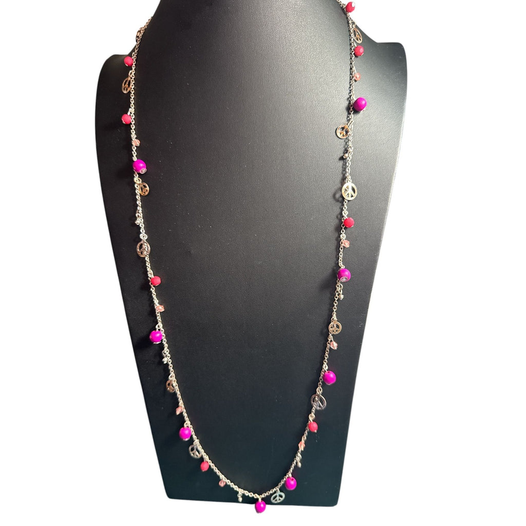Peace Charm Necklace With Pink & Red Beads Silver Chain Lobster Clasp 32-Inch Length