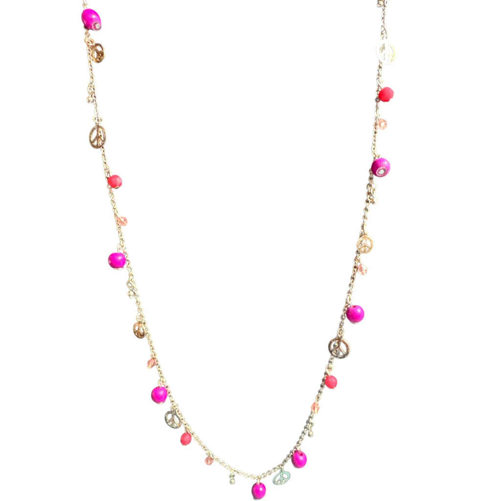 Peace Charm Necklace With Pink & Red Beads Silver Chain Lobster Clasp 32-Inch Length
