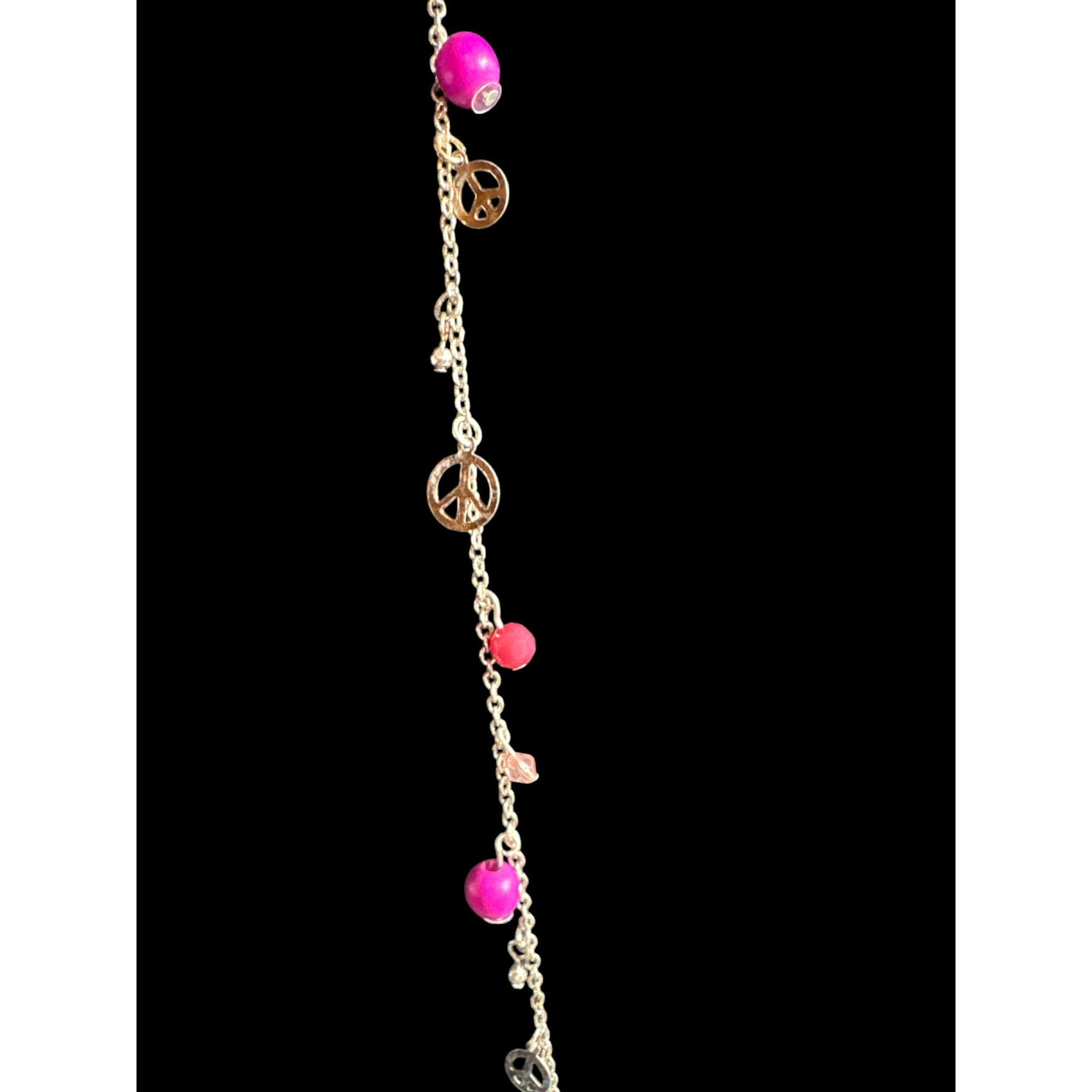Peace Charm Necklace With Pink & Red Beads Silver Chain Lobster Clasp 32-Inch Length