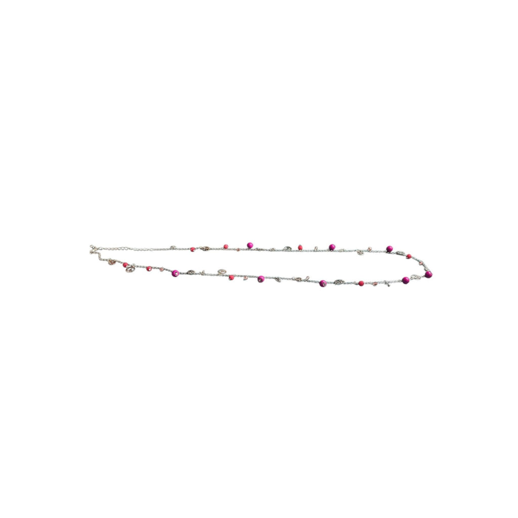 Peace Charm Necklace With Pink & Red Beads Silver Chain Lobster Clasp 32-Inch Length