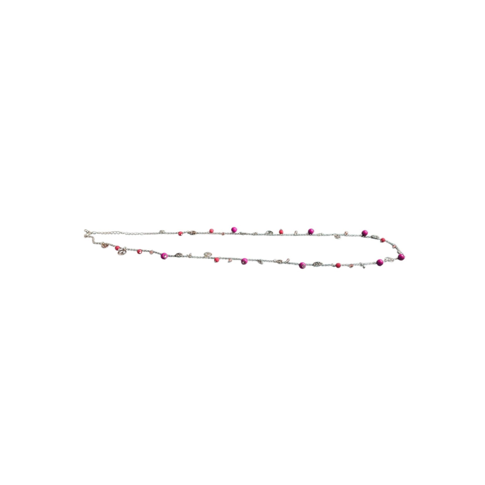 Peace Charm Necklace With Pink & Red Beads Silver Chain Lobster Clasp 32-Inch Length