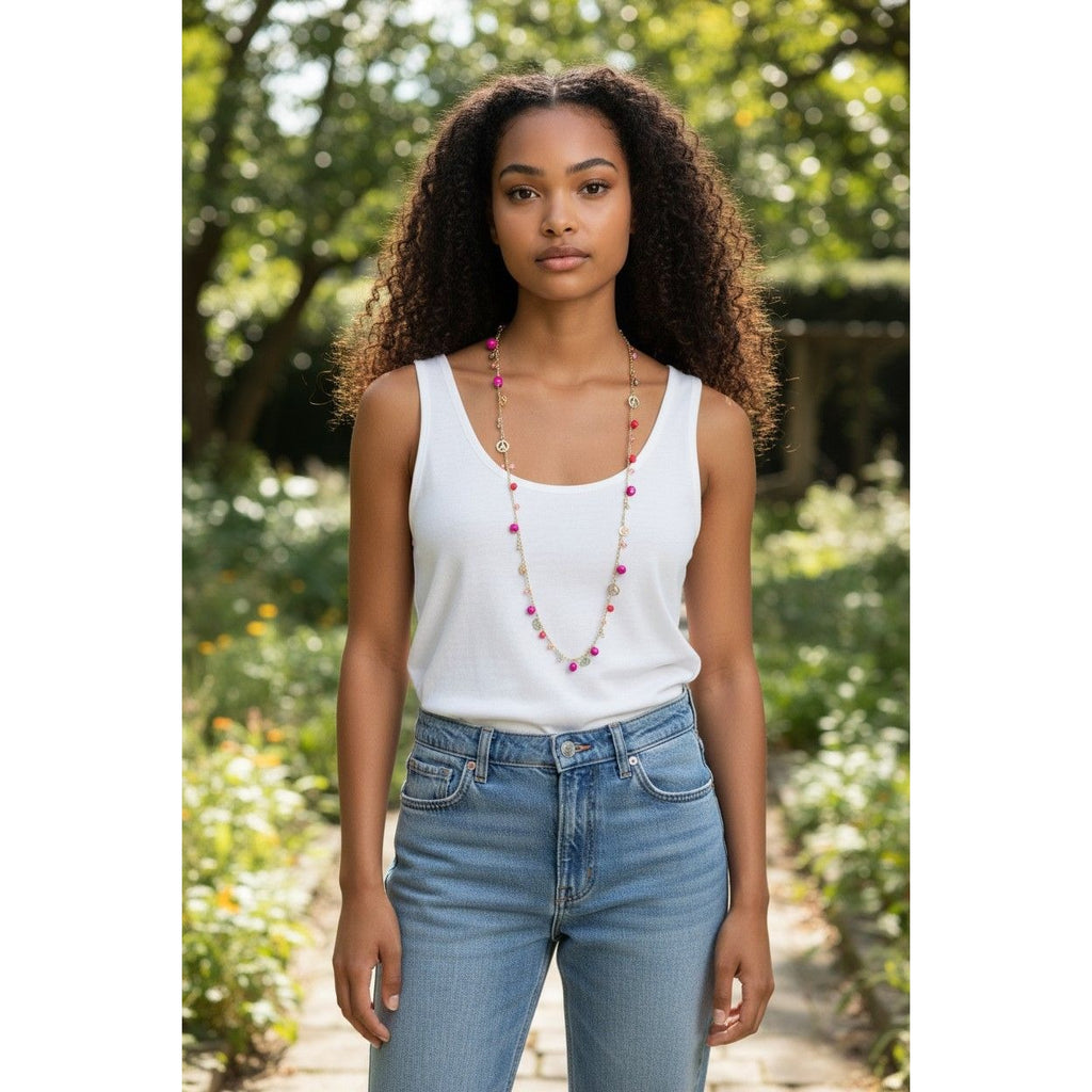 Peace Charm Necklace With Pink & Red Beads Silver Chain Lobster Clasp 32-Inch Length