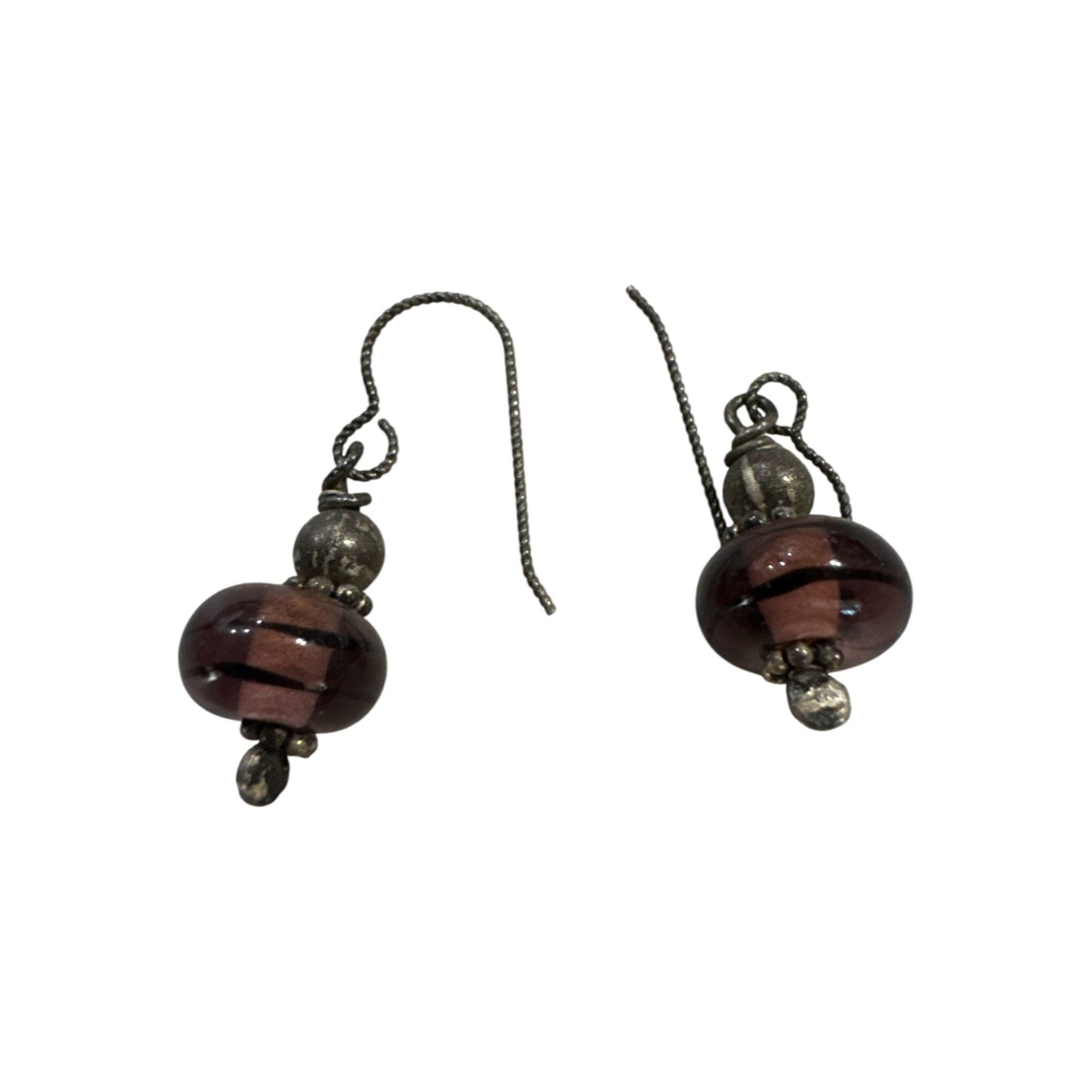 Vintage Purple Glass Bead Dangle Earrings With Silver Tone Accents & Hook Closure