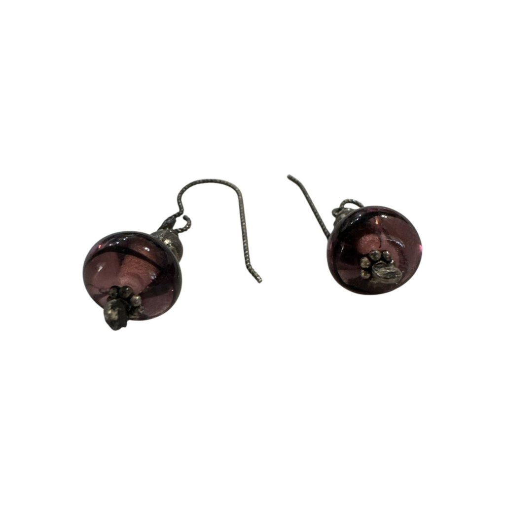 Vintage Purple Glass Bead Dangle Earrings With Silver Tone Accents & Hook Closure