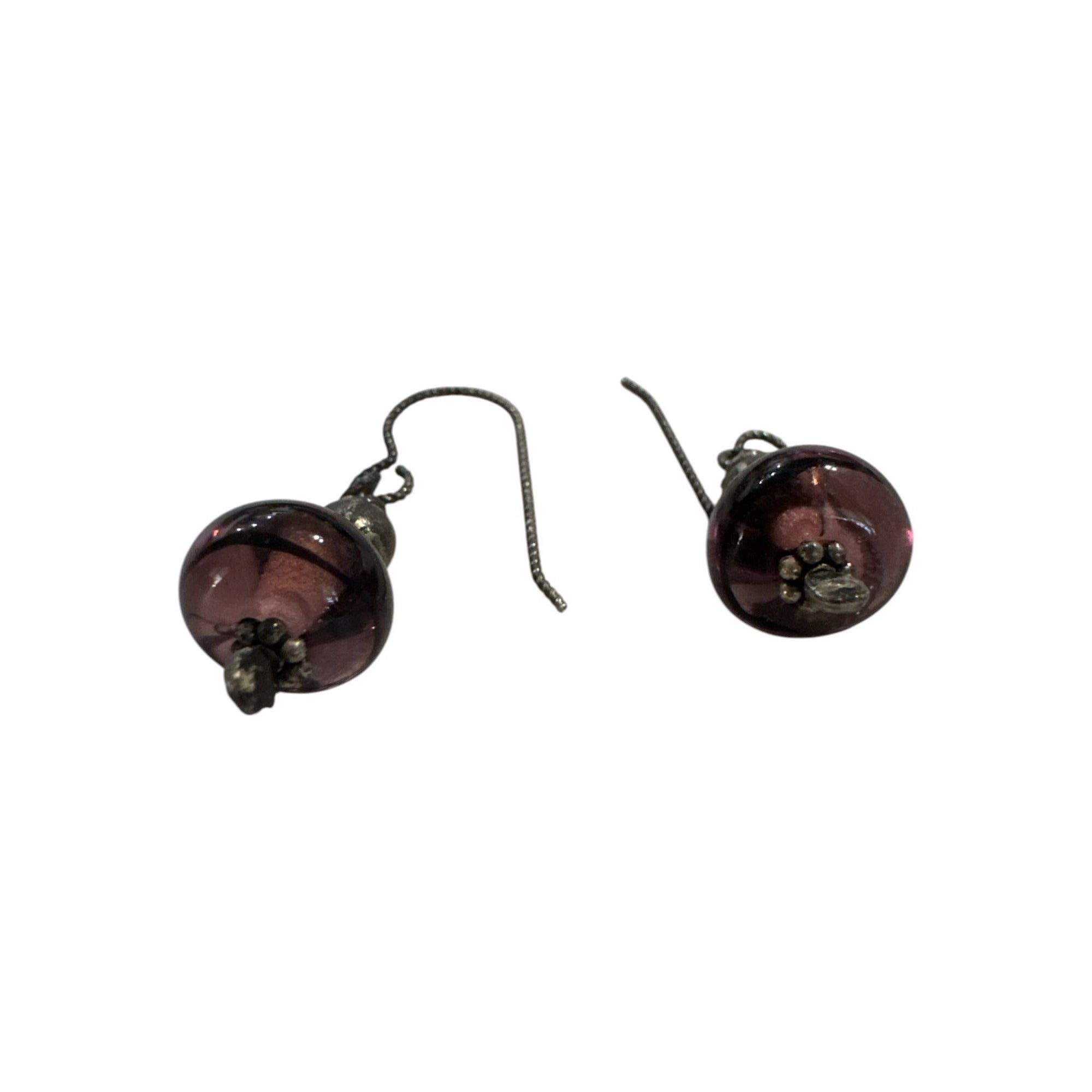 Vintage Purple Glass Bead Dangle Earrings With Silver Tone Accents & Hook Closure