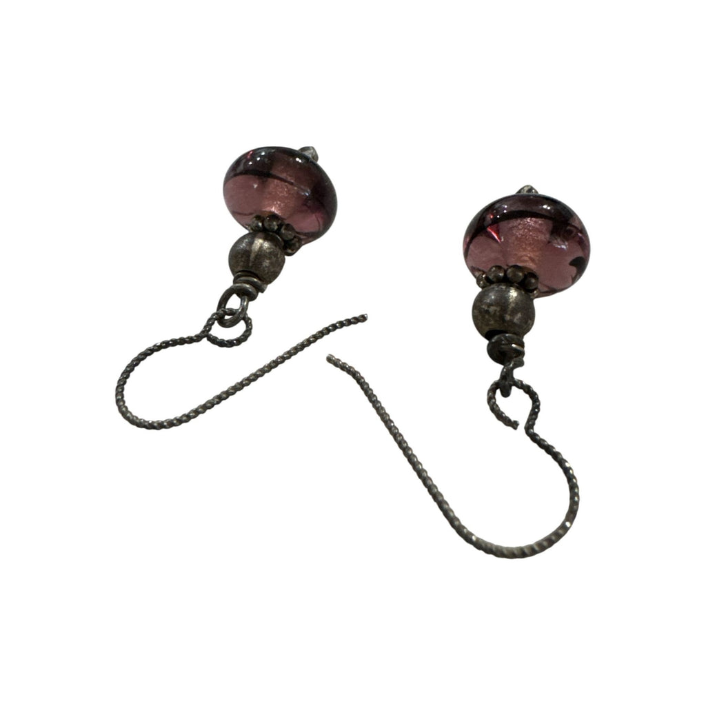 Vintage Purple Glass Bead Dangle Earrings With Silver Tone Accents & Hook Closure
