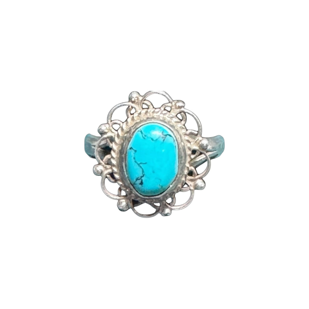 BAO 925 Sterling Silver Turquoise Ring, Oval Cabochon, Artisan Boho Filigree Statement Jewelry, Size 7