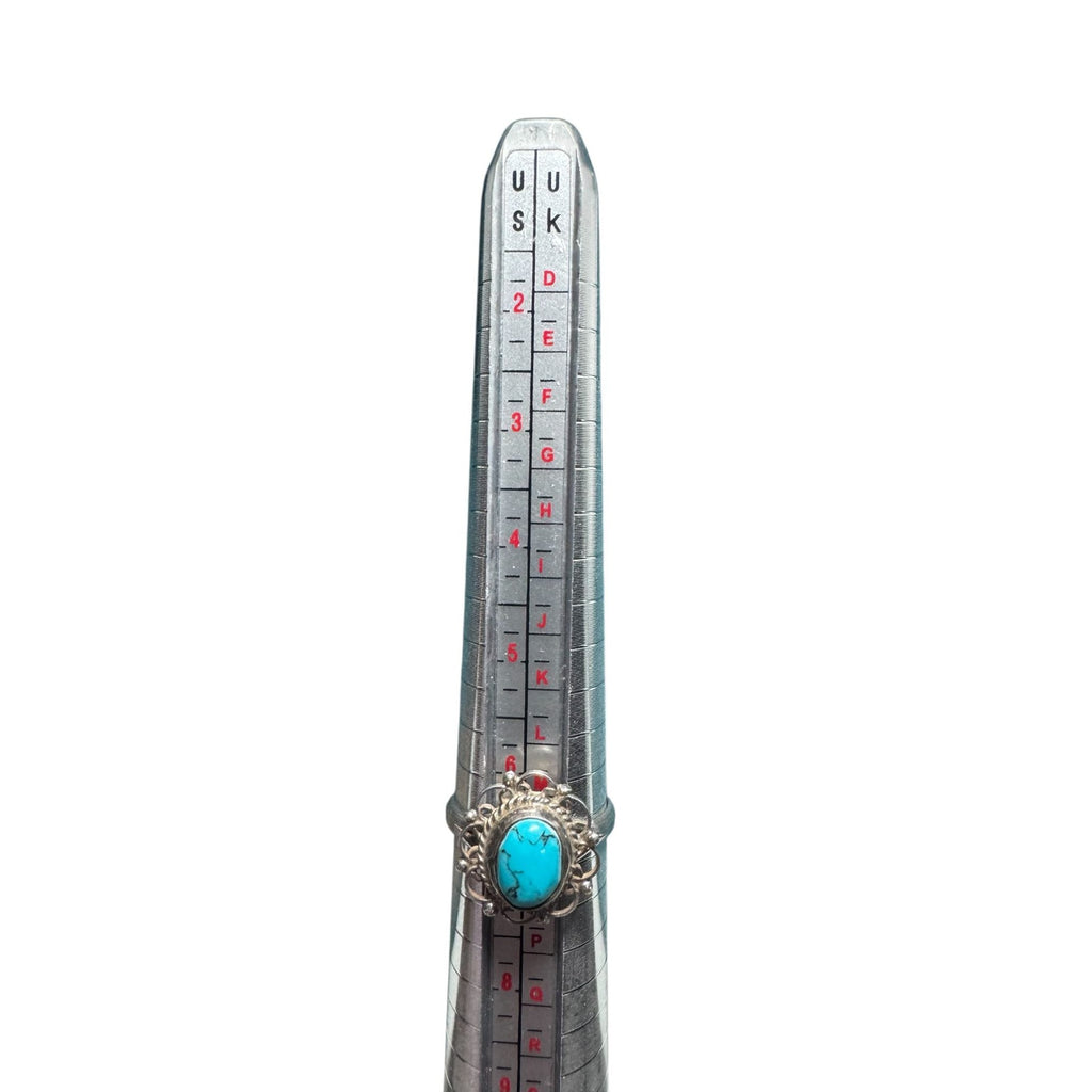 BAO 925 Sterling Silver Turquoise Ring, Oval Cabochon, Artisan Boho Filigree Statement Jewelry, Size 7