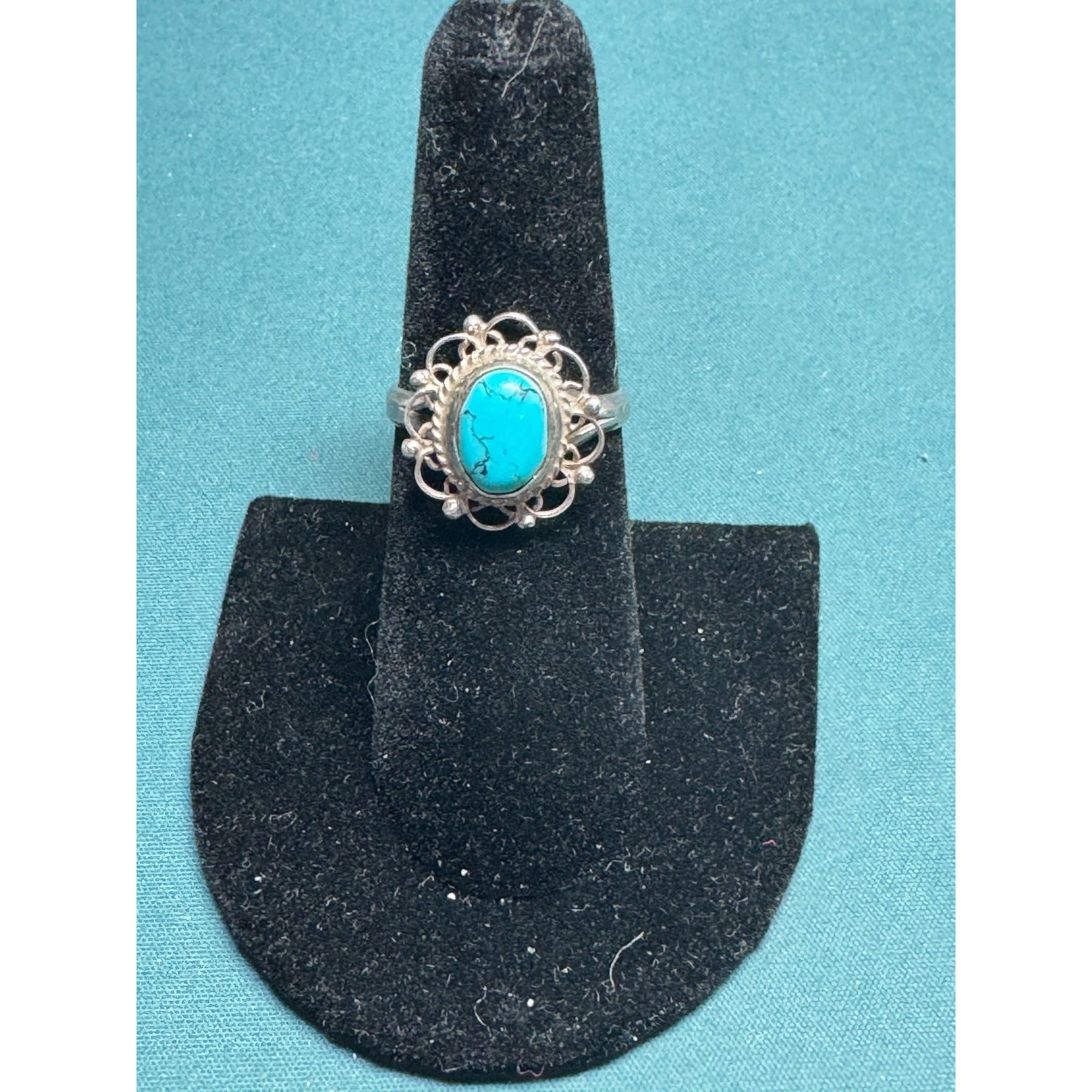 BAO 925 Sterling Silver Turquoise Ring, Oval Cabochon, Artisan Boho Filigree Statement Jewelry, Size 7