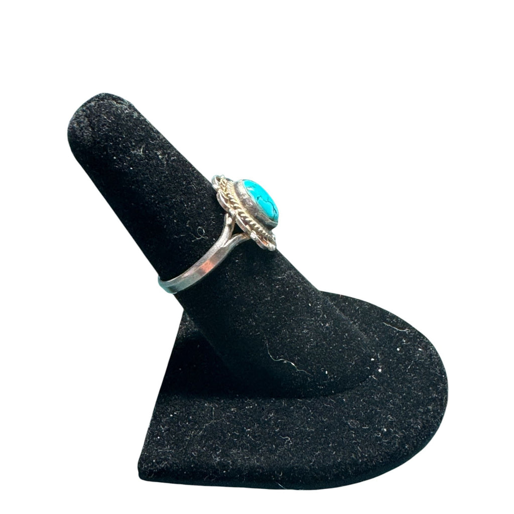 BAO 925 Sterling Silver Turquoise Ring, Oval Cabochon, Artisan Boho Filigree Statement Jewelry, Size 7