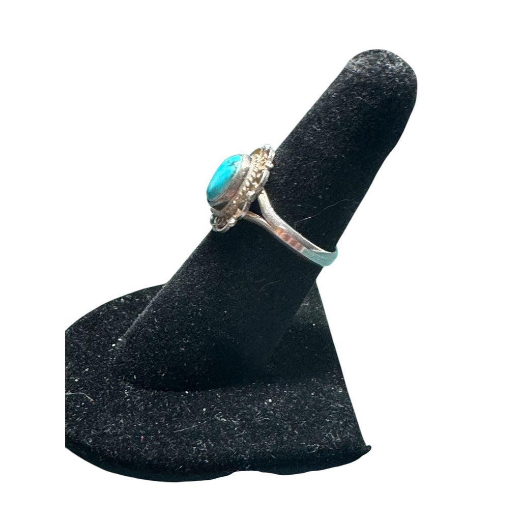 BAO 925 Sterling Silver Turquoise Ring, Oval Cabochon, Artisan Boho Filigree Statement Jewelry, Size 7