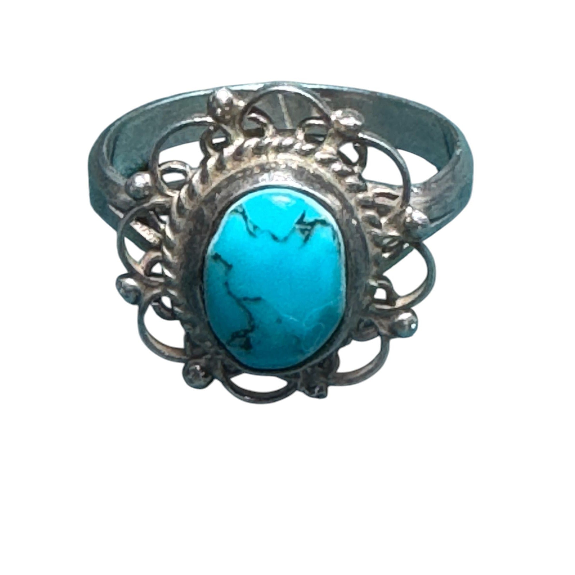 BAO 925 Sterling Silver Turquoise Ring, Oval Cabochon, Artisan Boho Filigree Statement Jewelry, Size 7