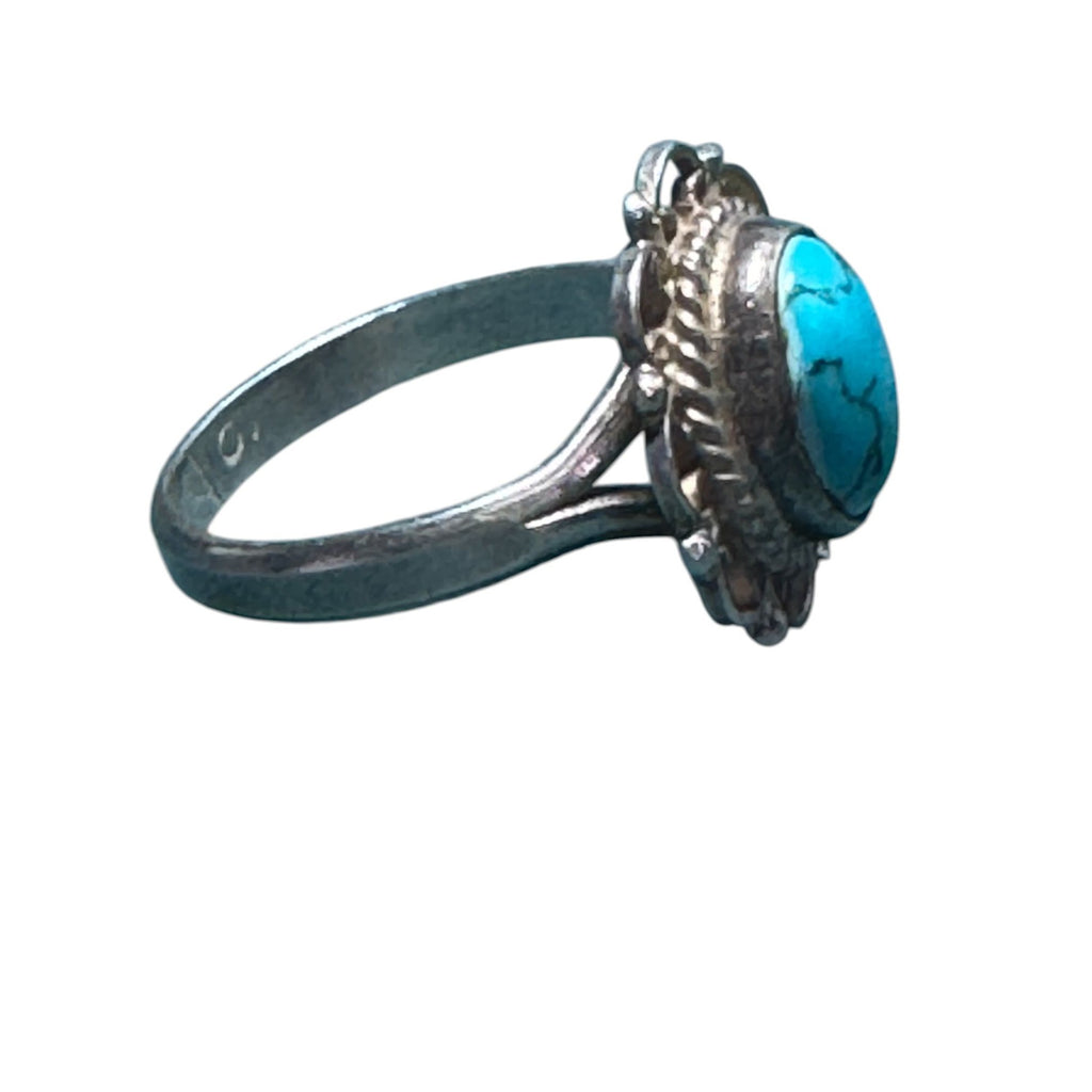 BAO 925 Sterling Silver Turquoise Ring, Oval Cabochon, Artisan Boho Filigree Statement Jewelry, Size 7