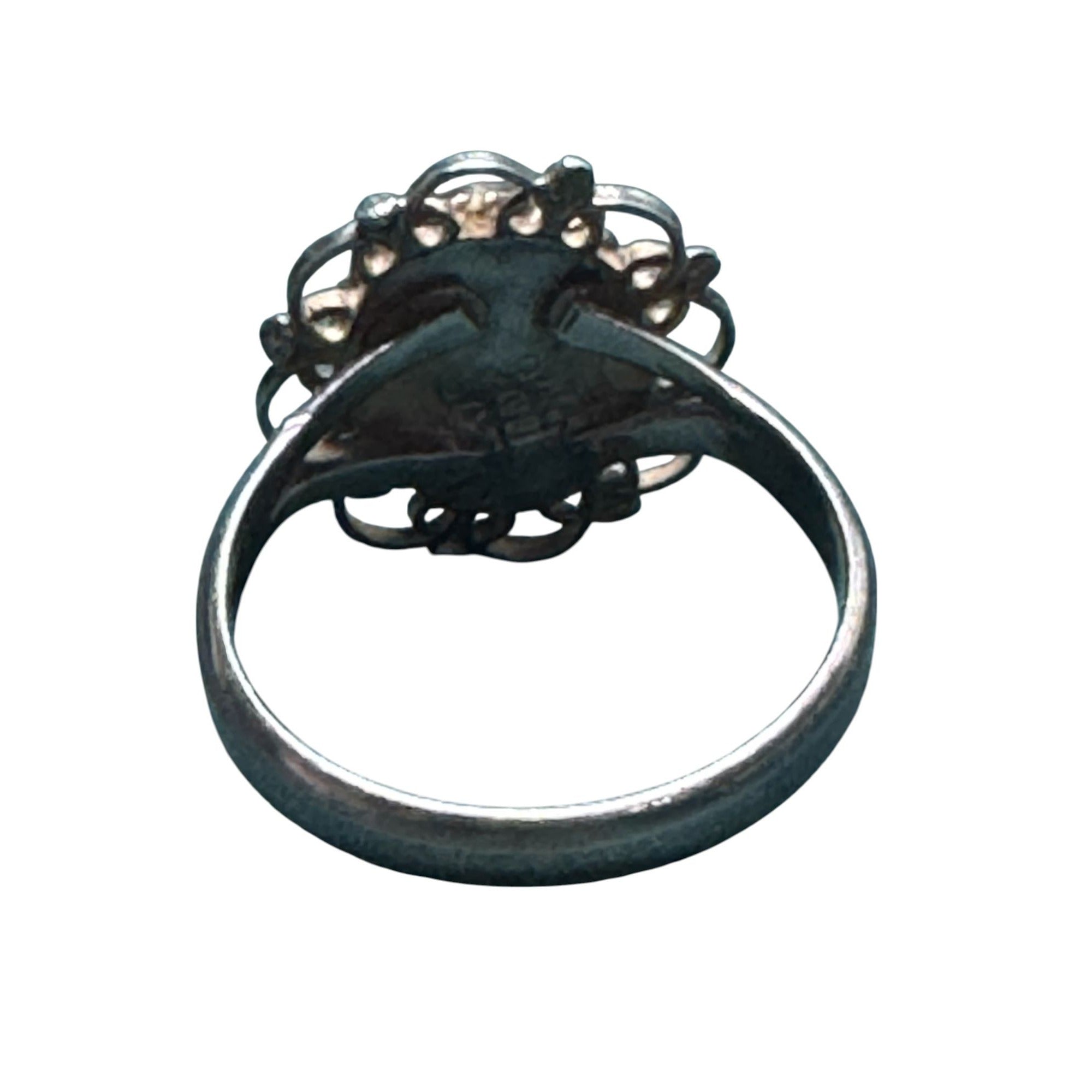 BAO 925 Sterling Silver Turquoise Ring, Oval Cabochon, Artisan Boho Filigree Statement Jewelry, Size 7