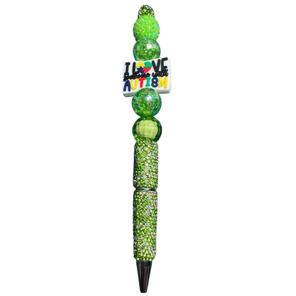 I Love Someone With Autism Green Beaded Decorative Pen With Rhinestones & Inspirational Message