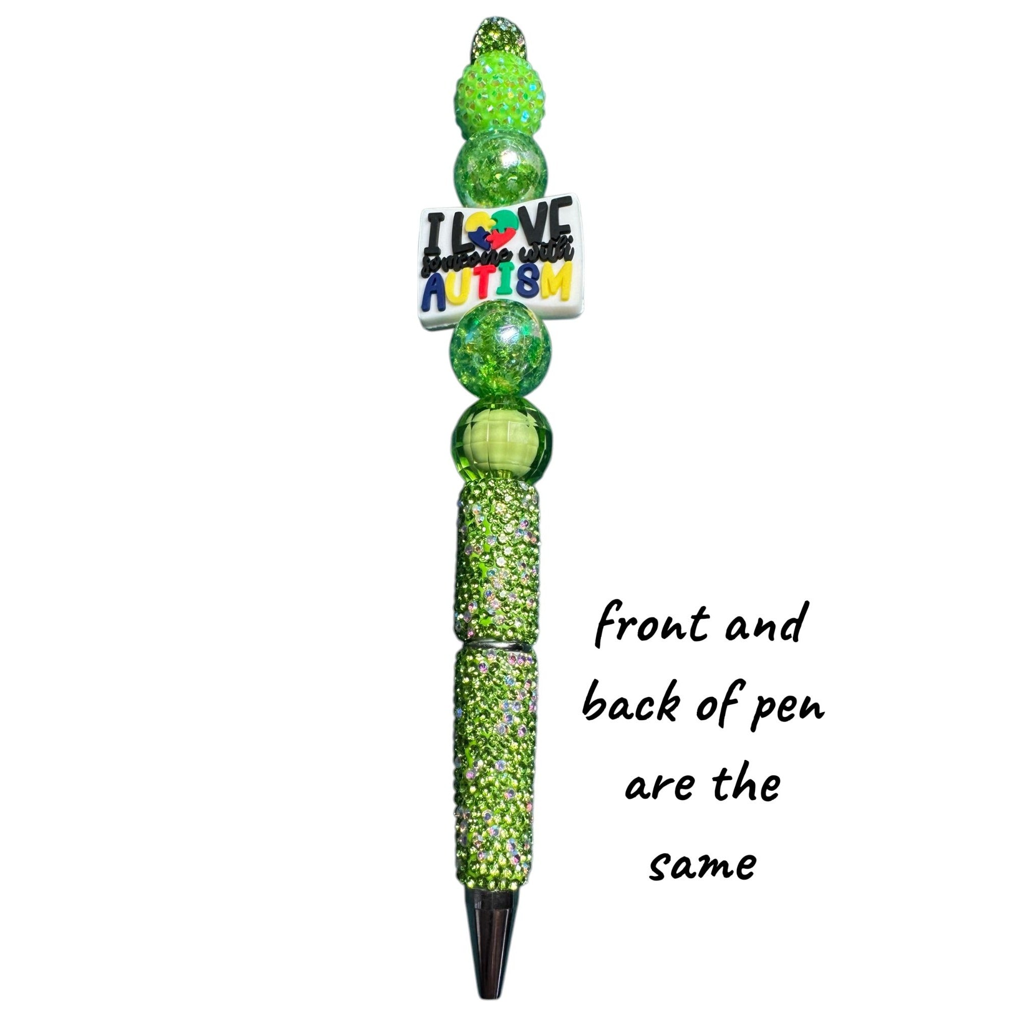 I Love Someone With Autism Green Beaded Decorative Pen With Rhinestones & Inspirational Message