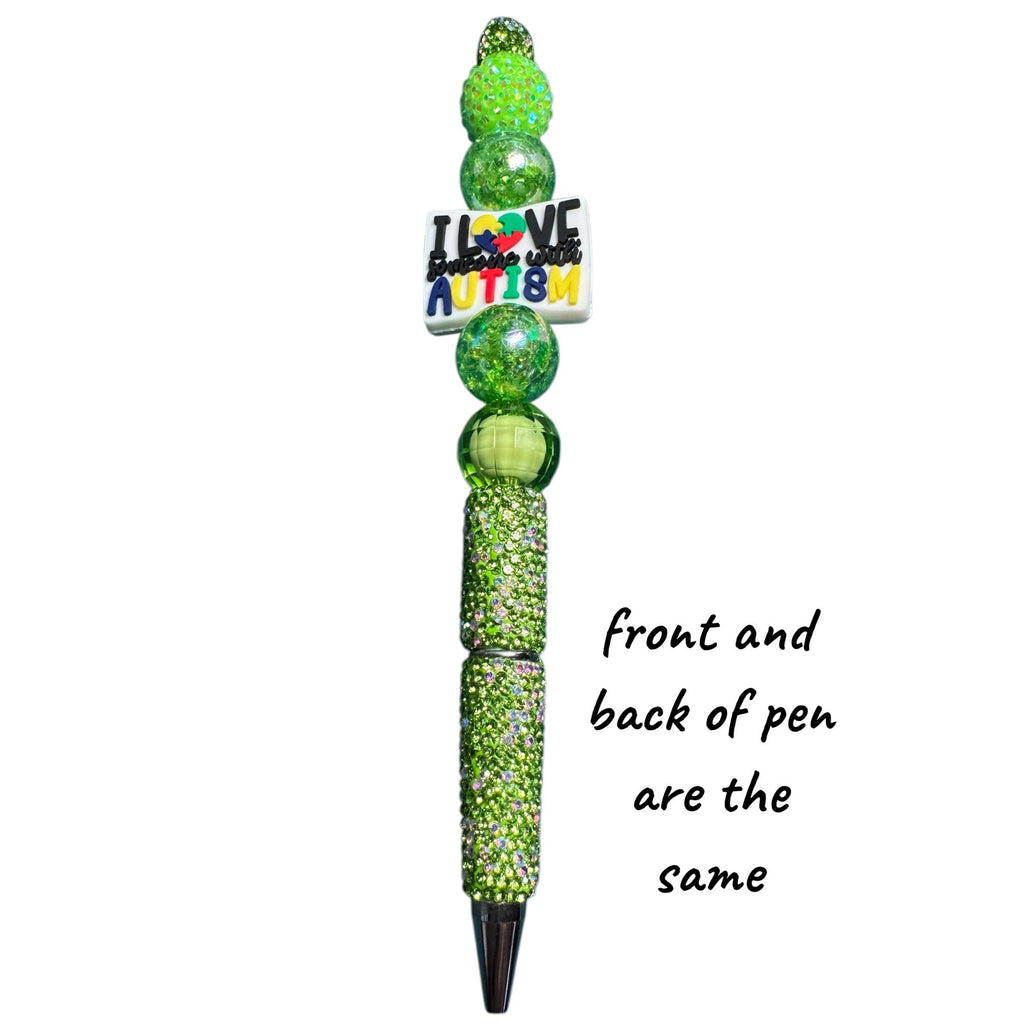 I Love Someone With Autism Green Beaded Decorative Pen With Rhinestones & Inspirational Message