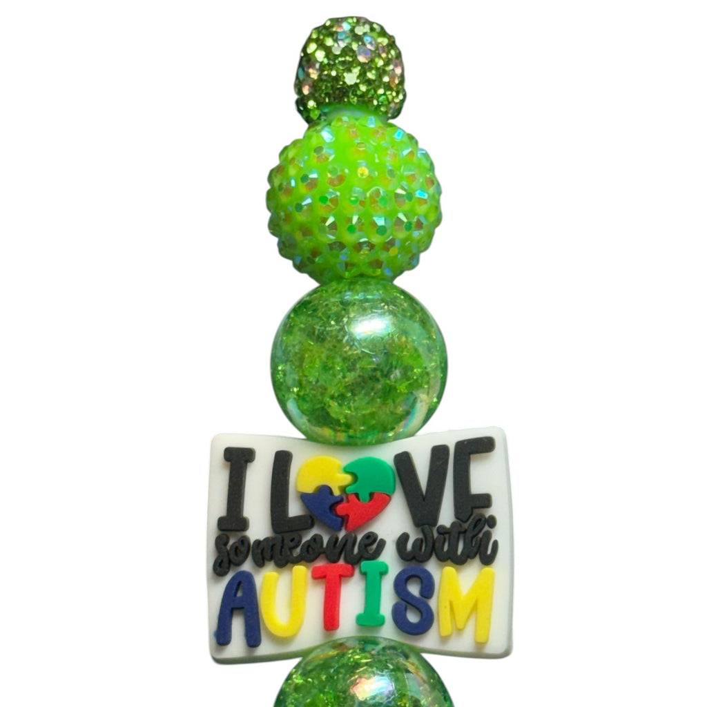 I Love Someone With Autism Green Beaded Decorative Pen With Rhinestones & Inspirational Message