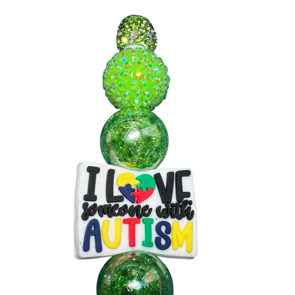 I Love Someone With Autism Green Beaded Decorative Pen With Rhinestones & Inspirational Message