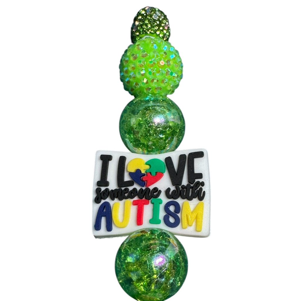 I Love Someone With Autism Green Beaded Decorative Pen With Rhinestones & Inspirational Message
