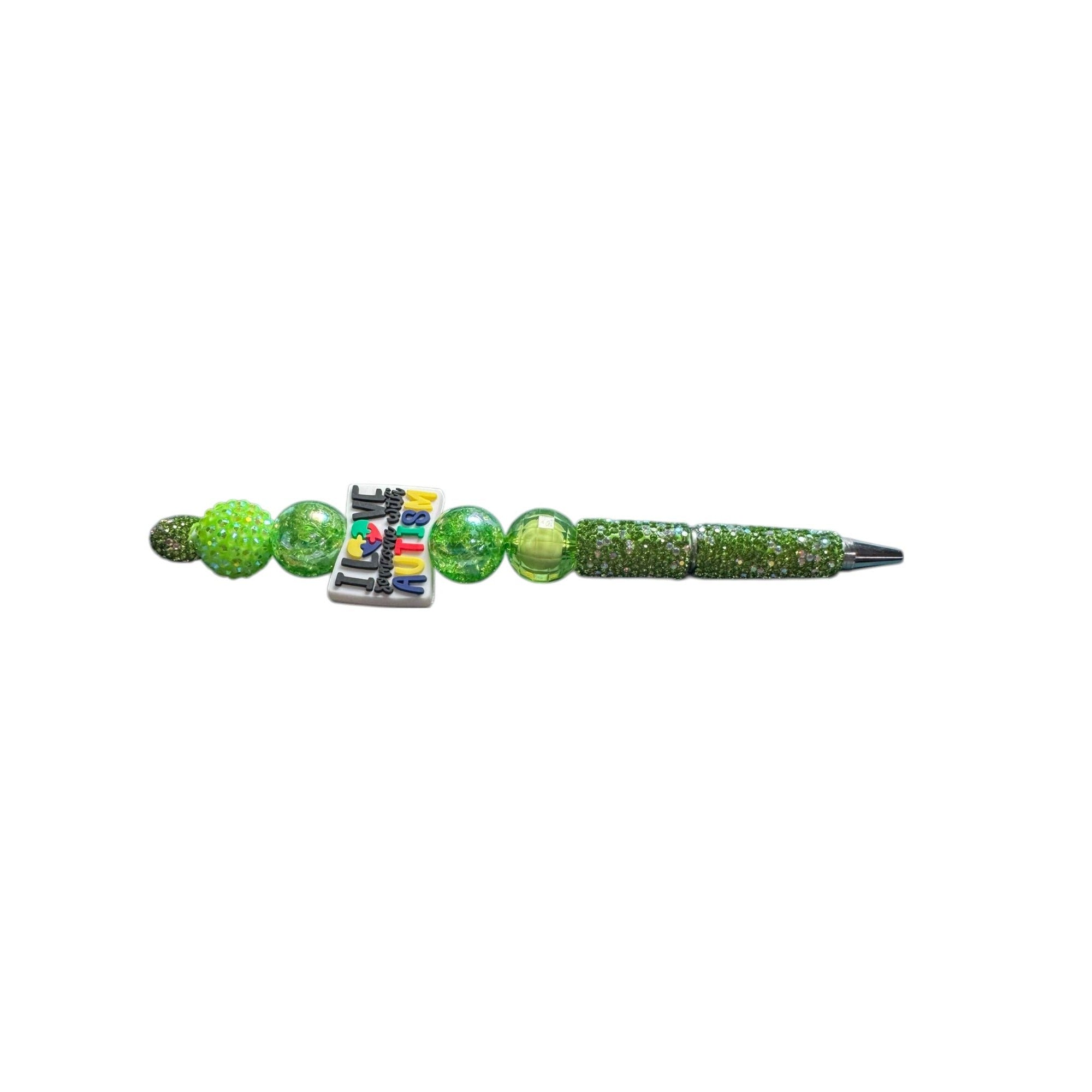 I Love Someone With Autism Green Beaded Decorative Pen With Rhinestones & Inspirational Message