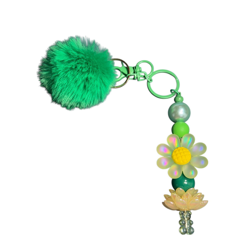 Green Pom Keychain With Beaded Flower & Lotus Charm - Stylish Accessory For Bags & Keys