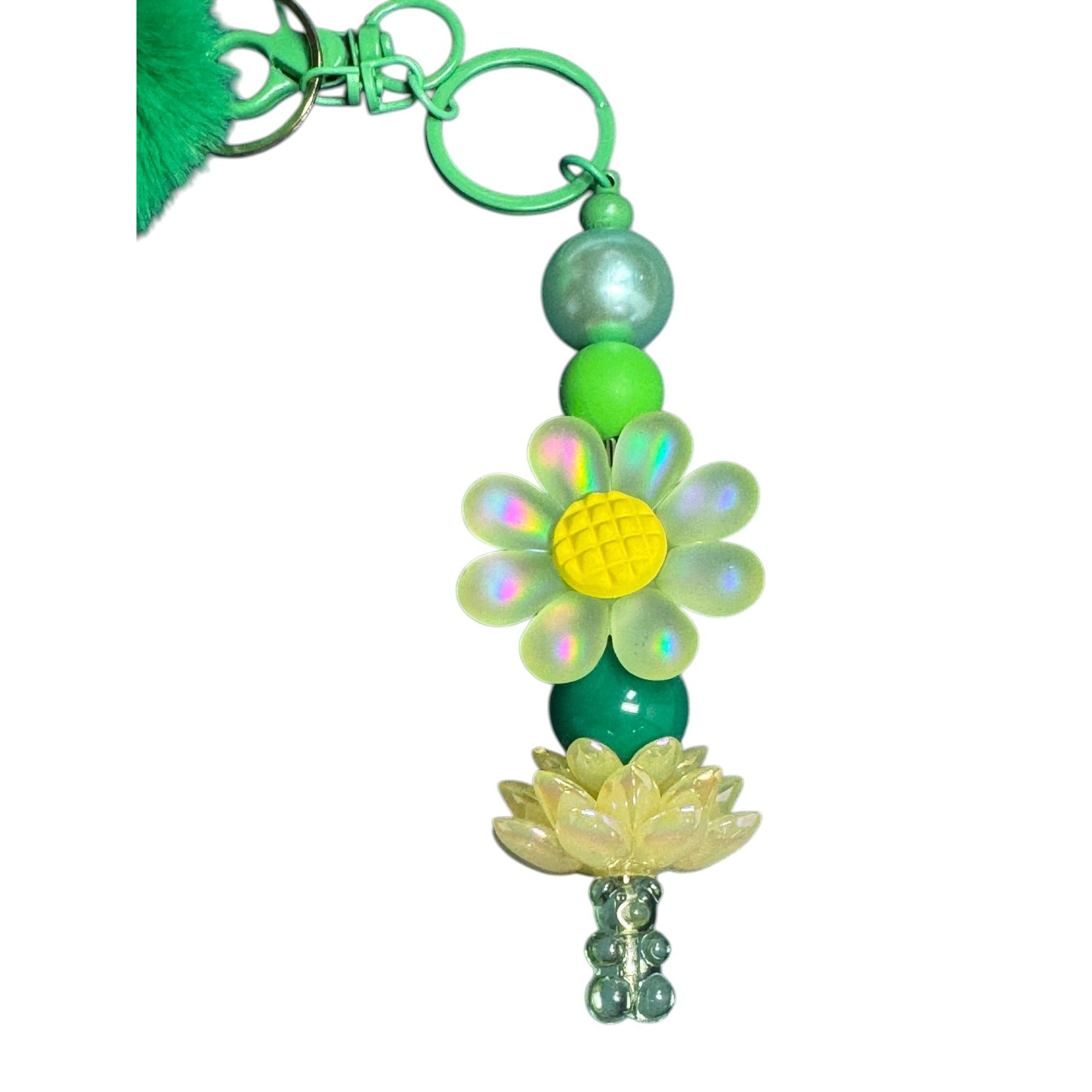 Green Pom Keychain With Beaded Flower & Lotus Charm - Stylish Accessory For Bags & Keys