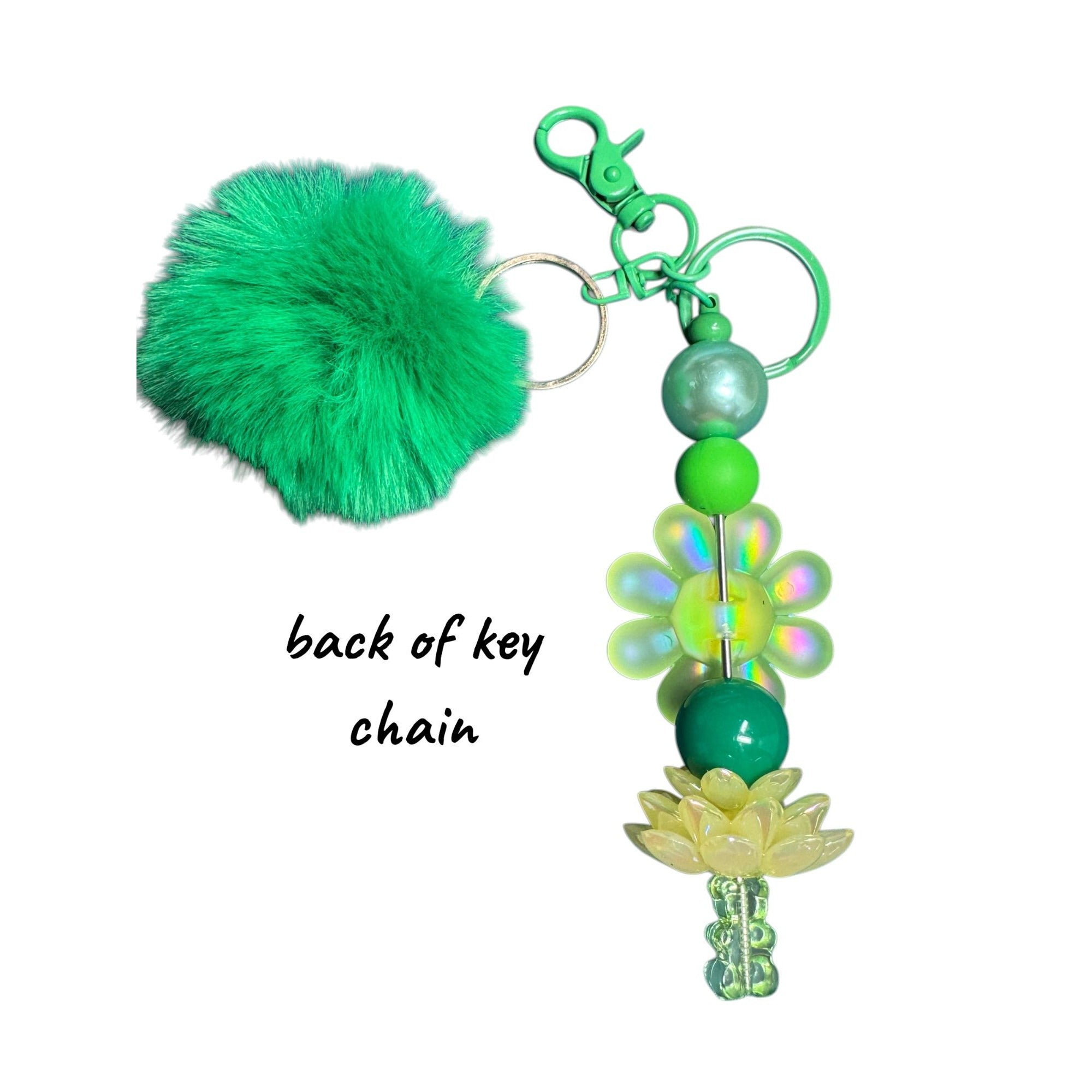 Green Pom Keychain With Beaded Flower & Lotus Charm - Stylish Accessory For Bags & Keys