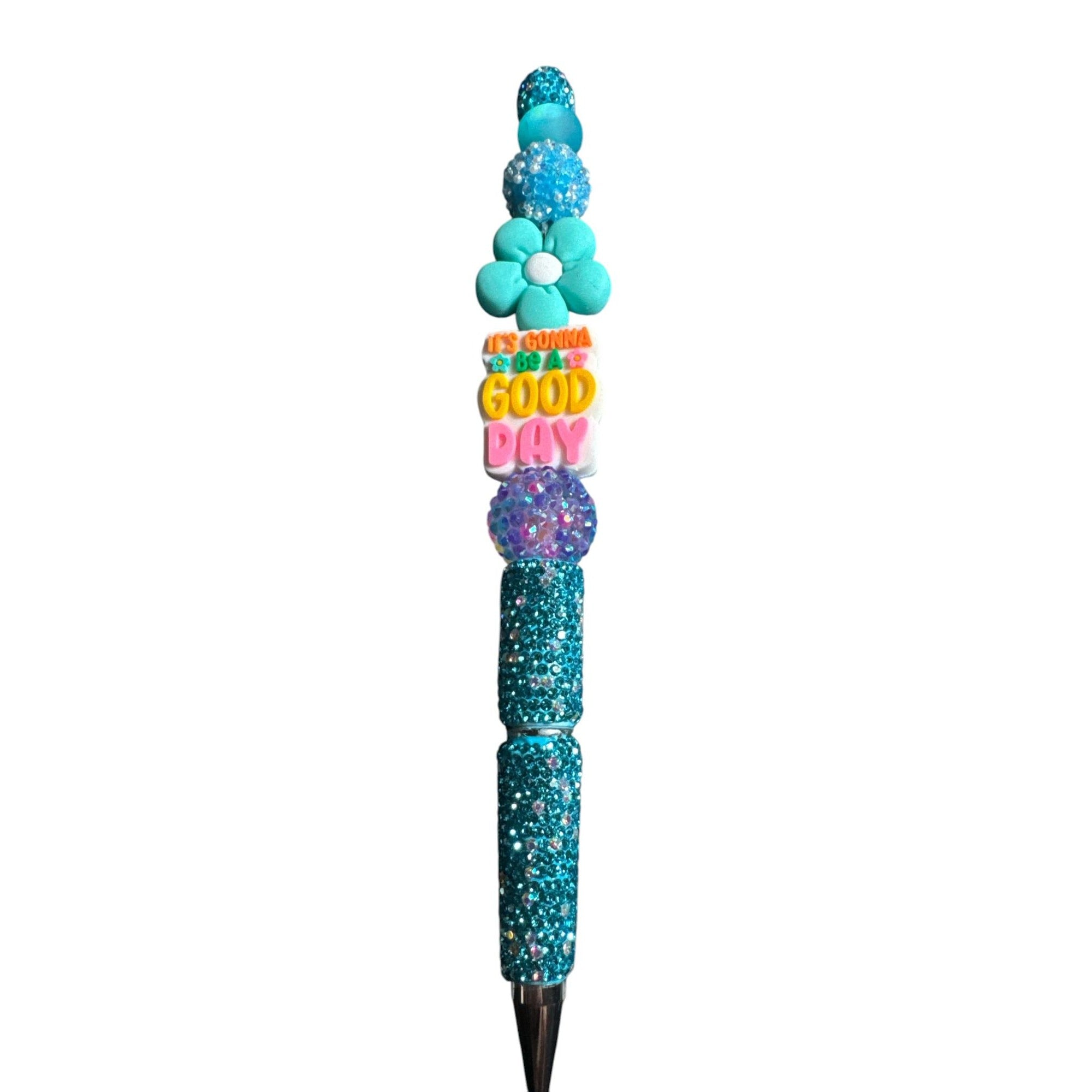 Beaded Ballpoint Pen With Glitter & Floral Design – "Its Gonna Be A Good Day" Text
