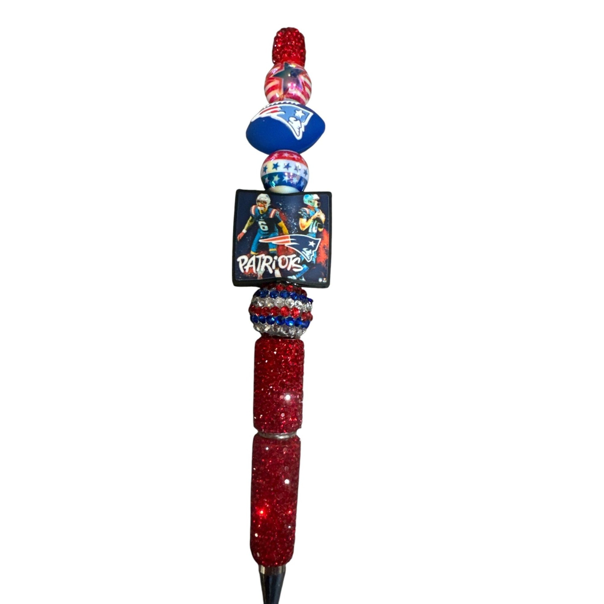 New England Patriots Beaded Glitter Pen With Football & Player Theme Design Red White & Blue Colors