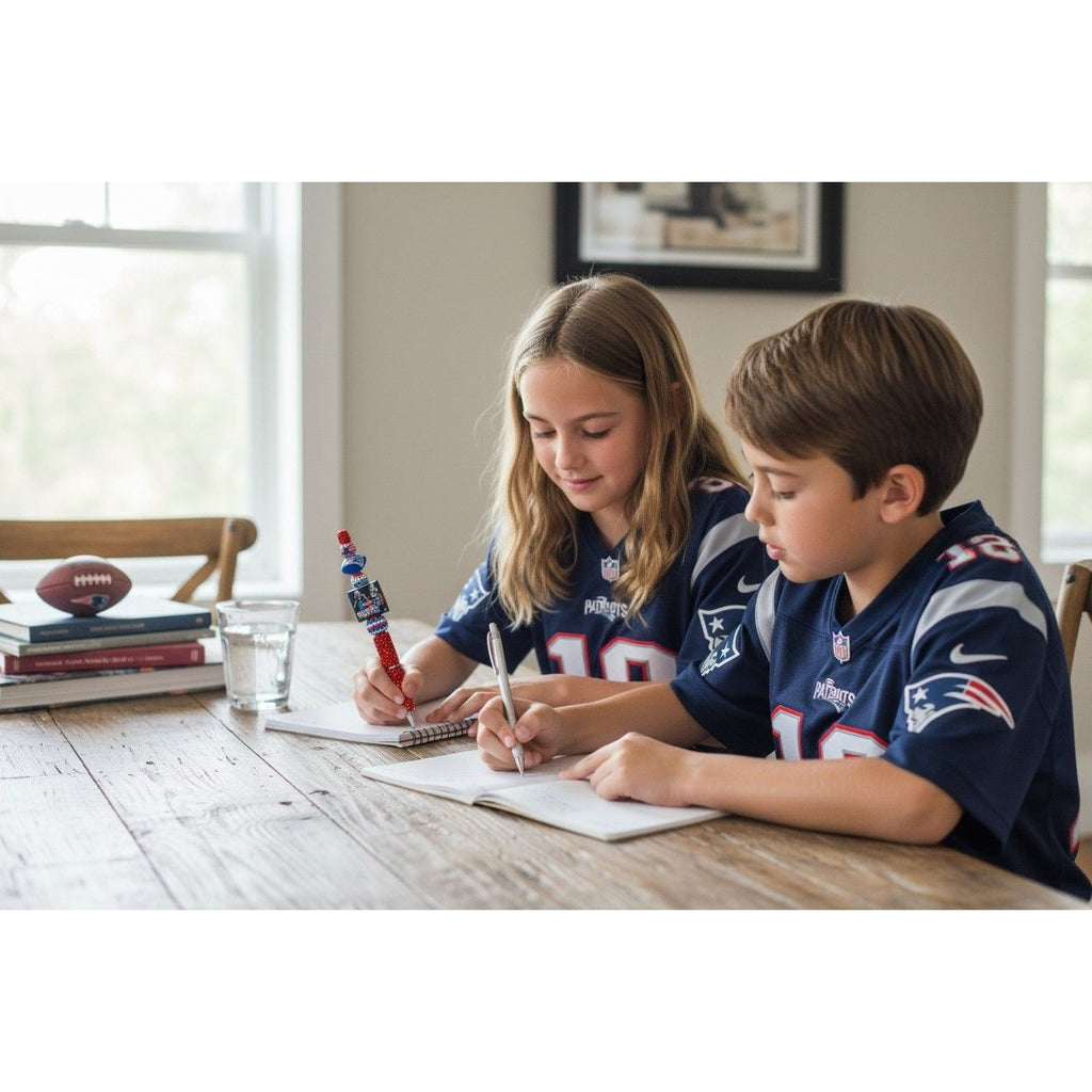 New England Patriots Beaded Glitter Pen With Football & Player Theme Design Red White & Blue Colors