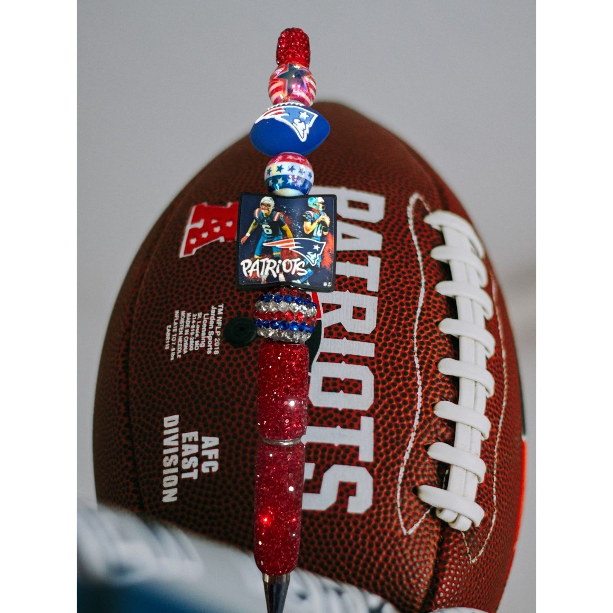 New England Patriots Beaded Glitter Pen With Football & Player Theme Design Red White & Blue Colors