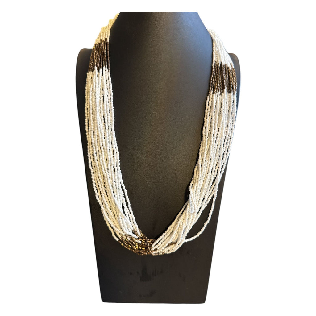 Multistrand White & Brown Beaded Necklace - Statement Jewelry - Handmade Design